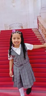 Girl in school uniform on a red carpet staircase