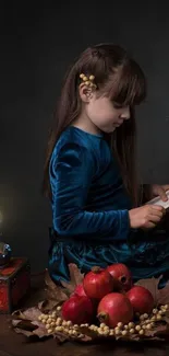 Young girl in blue dress reading by lamp with fruits on table.