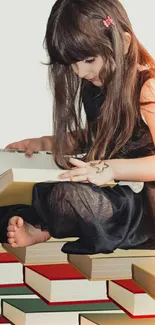 Girl sitting on a stack of books, reading.