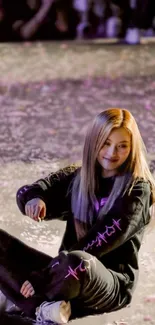 Blonde girl sitting on stage with confetti.