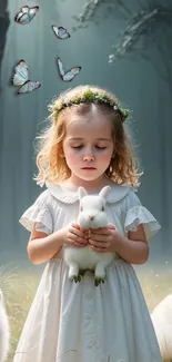 Young girl in forest holding bunny, surrounded by butterflies.