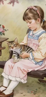 Vintage illustration of a girl with a cat on a park bench with flowers.