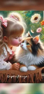 Little girl lovingly kisses a fluffy cat amidst colorful flowers.