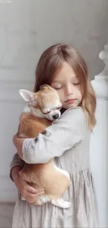 Young girl cuddling a Chihuahua in a calm atmosphere.