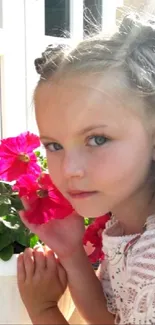 Young girl with pink flowers in bright sunlight, perfect for wallpapers.