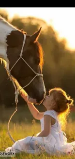 Girl and horse in golden sunset field.