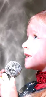 Young girl holding a microphone, expressing musical talent.