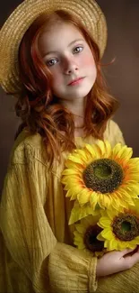 Young girl with sunflowers in yellow dress.