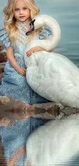 Girl in blue dress with swan by a lake, reflecting serenity and grace.