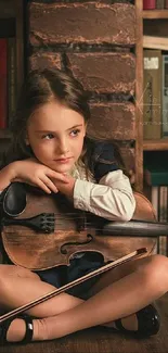 Young girl with violin sitting near a rustic bookshelf.