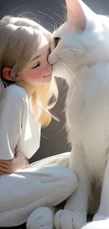 Girl gently sitting with a large white cat.