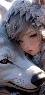 Anime girl nestled with a wolf in a snowy forest setting.