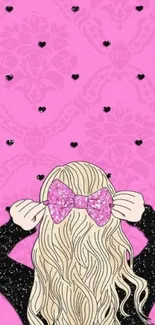 Blonde girl with pink bow against a pink heart-patterned background.