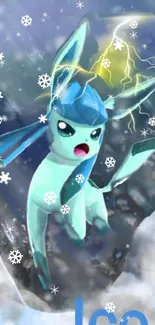 Glaceon braving a storm with dramatic lightning and snowflakes.