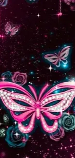 Glamorous pink and blue butterfly wallpaper.