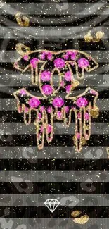 Chic mobile wallpaper with pink and gold dripping symbol on black striped background.