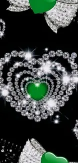 Diamond hearts with green highlights on black background.