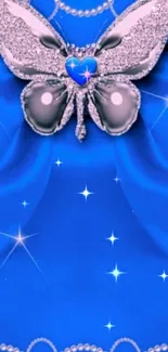 Glamorous blue glitter butterfly with pearls phone wallpaper.