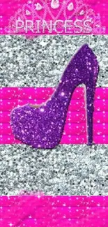 Purple glitter high heel on magenta background.