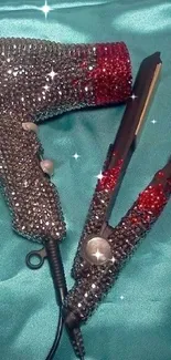 Glamorous glittering hair tools on teal satin.