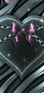 Heart motif with pink bow and chains on black wallpaper.