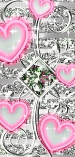 Glamorous pink glitter heart design with silver accents for mobile wallpaper.