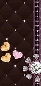 Mobile wallpaper with glittery hearts and diamond.