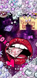 Stylish wallpaper with sparkling lips and gems in vibrant colors.