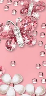 Glamorous pink butterfly and flower wallpaper with sparkling gems.