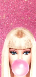 Blonde doll with bubble gum on pink glitter wallpaper.