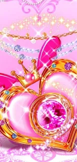 Glamorous pink heart wallpaper with jewels and crown.