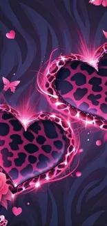 Mobile wallpaper with pink leopard hearts and floral design.