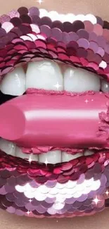 Pink lips with sequin embellishments and lipstick center.