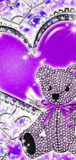 Glamorous purple teddy bear with rhinestones and heart design.