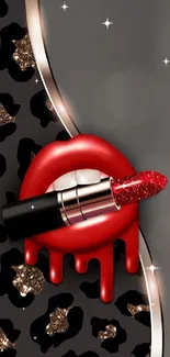 Mobile wallpaper with red lipstick and glitter on black background.