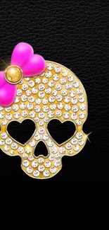 Glamorous skull wallpaper with pink bow on black background.