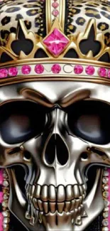 Metallic skull with leopard crown and pink background.