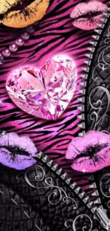 Hot pink zebra pattern with gem heart and lips.