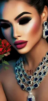 Glamorous art wallpaper with jewelry and vibrant colors.