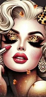 Glamorous image with artistic makeup and leopard accents on mobile wallpaper.