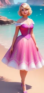 Glamorous animated character in pink dress on a serene beach with turquoise water.