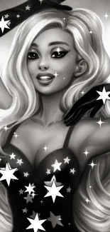 Stylish black and white artwork of a glamorous woman with star accents.