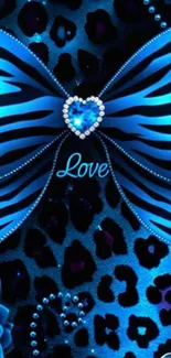 Vibrant blue bow with leopard pattern wallpaper featuring a heart gem.