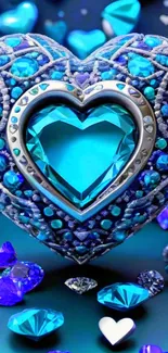 Blue heart gemstone wallpaper with intricate jewel designs.