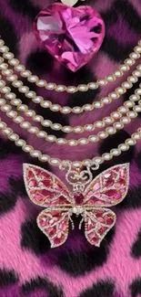 Jewelled butterfly on pink leopard print with pearls.