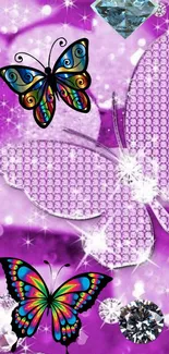 Vibrant wallpaper with colorful butterflies and jewels on a purple background.