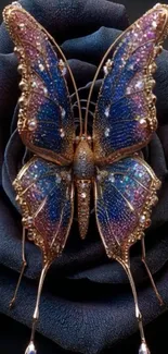 Jeweled butterfly on dark rose mobile wallpaper.