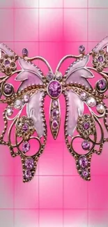 Glamorous jeweled butterfly on pink grid background.