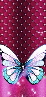 Sparkling butterfly on pink diamond-pattern background.