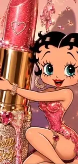 Famous cartoon character hugging a giant lipstick in vibrant colors.
